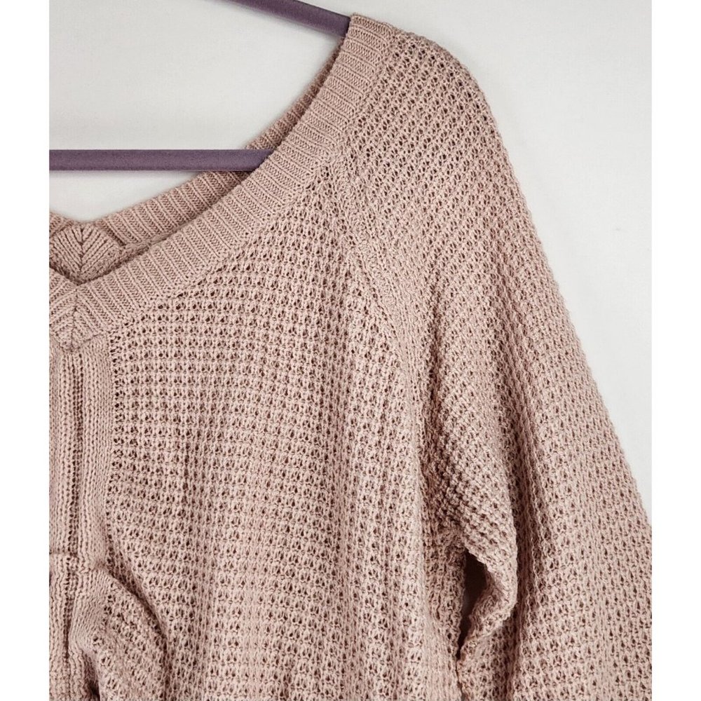 Full Circle Trends Sweater Womens XL Pink Cropped Preppy Cinched Waffle Knit Top - Picture 4 of 13